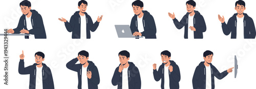 Set of young man character poses in casual hoodie with various gestures and tech interaction