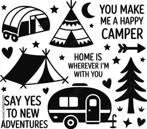 Camping icons set with tents camper trailer trees moon stars hearts and inspirational quotes for outdoor adventure and travel themes