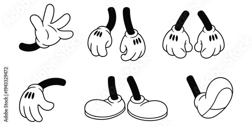 Cartoon character body parts including hands arms and legs with feet in classic style for animation or illustration projects isolated on white background