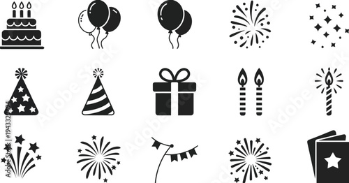 Bold Party Icon Set Vector Illustration, Birthday Cake, Balloons, Confetti, Party Hat, Gift Box, Candle, Fireworks, and Bunting Decorations for Celebration, Festival Events, and Birthday Party Design