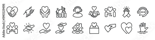 Charity and support icons set with symbols of helping hands, hearts, community, and donations. collection includes handshake, care, giving, people, house, donation box, and high five.