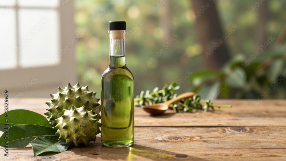 Obraz premium A glass bottle filled with a dark liquid sits on a wooden surface. Soursop fruit slices and green leaves surround it, creating a natural, vibrant composition. The background is softly blurred.