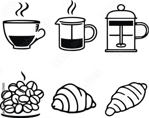 Coffee and breakfast icons: cup of coffee, French press, coffee beans, and croissants for morning food and drink preparation and consumption