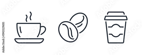 Coffee icon set collection for beverage and cafe business featuring hot steaming cup of coffee whole beans and disposable to go cup for morning drink energy boost and caffeine refreshment