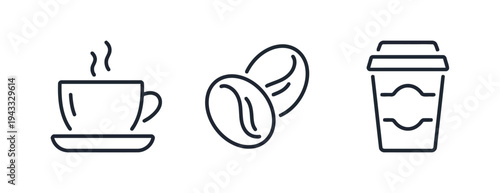 Coffee icon set collection for beverage and cafe business featuring hot steaming cup of coffee whole beans and disposable to go cup for morning drink energy boost and caffeine refreshment