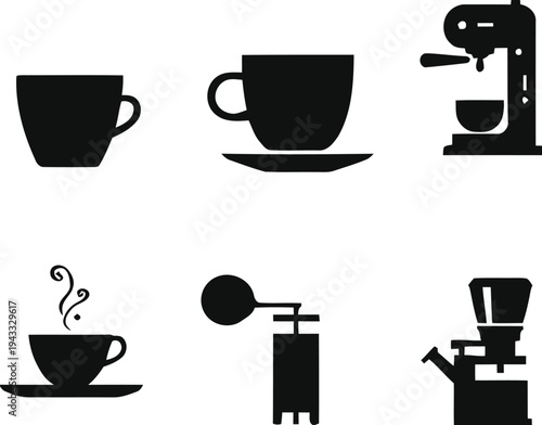 Coffee maker and cups stylized icons in black and white abstract representation of kitchen appliances and beverage service for cafe and restaurant design elements