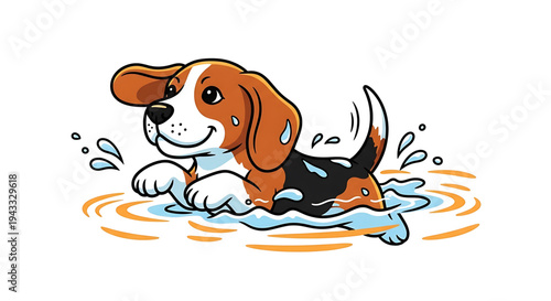 Joyful beagle puppy dog swimming happily in clear blue water splashing with excitement and wagging tail enjoying a refreshing summer day outdoors isolated on a white background