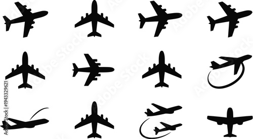 Collection of airplane and aircraft icons representing aviation, travel, and flight in different poses and maneuvers, symbolizing journeys and air transport.