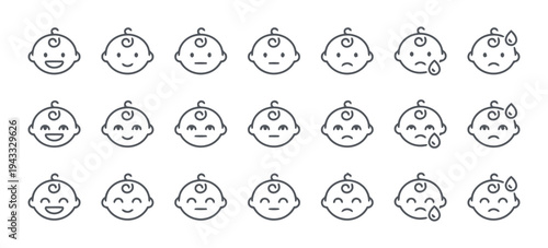 Collection of baby face icons with various emotions including happiness, sadness, surprise, worry, and crying, outlined in gray for digital design and web.