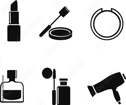 Collection of beauty and cosmetic icons including lipstick, mascara, powder compact, perfume bottle, nail polish, and hairdryer isolated on white background, representing makeup and personal care.