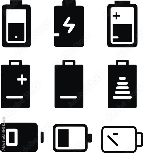 Collection of battery level icons in different states of charge, from full to empty, including icons with lightning bolt symbols for power and energy, representing battery life and charging status