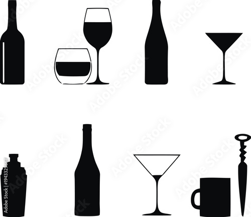Collection of black silhouette icons featuring bottles, glasses, and barware, representing alcoholic and non-alcoholic beverages for dining