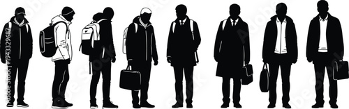 Businessmen and student silhouettes set featuring professional commuters with briefcases and students with backpacks for work and education themed designs.