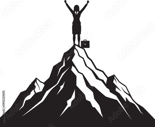 Victorious businesswoman reaching the summit, symbolizing career triumph, ambition, and overcoming challenges