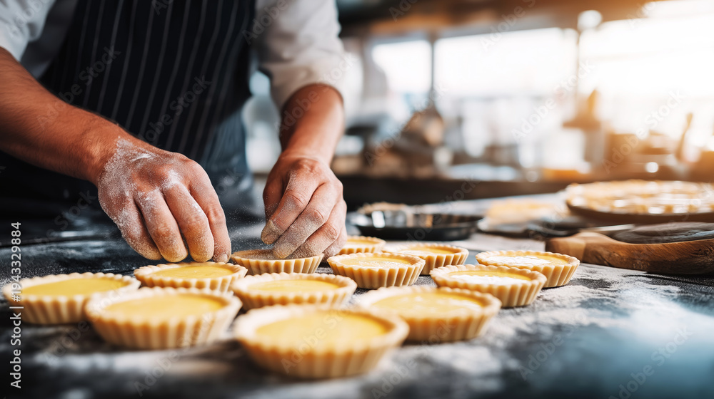 Fototapeta premium Baker hands carefully arranging rows of sweet individual tarts filled with yellow cream, showcasing patisserie skill in a bakery