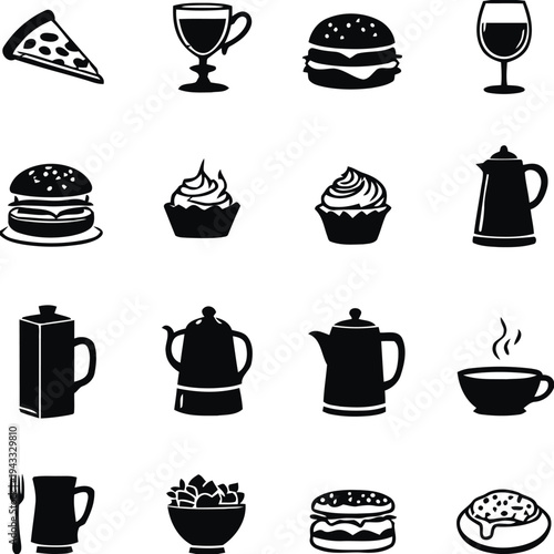 Collection of food and beverage icons in silhouette, showcasing pizza, burgers, cupcakes, coffee pots, cups, and wine glasses for cafe and restaurant themes