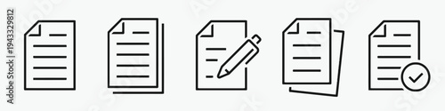 Collection of document icons showing pages, paper sheets, and document with pen, representing paperwork, writing, and official records, with a checkmark icon indicating completion