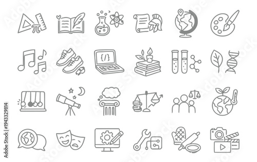 Collection of flat line icons representing various subjects and education, including science, math, art, music, history, technology, and astronomy, for learning and school concepts. Flat design.
