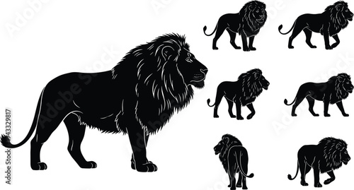 Collection of male lion silhouettes featuring various poses including walking, standing, and profile views for wildlife conservation, safari, and power branding.