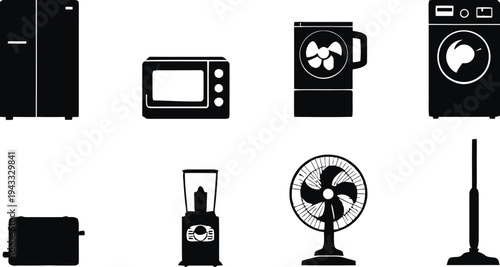 Collection of home appliance icons: refrigerator, microwave, air cooler, washing machine, vacuum cleaner, fan, and stove, useful for electronic store websites and household product design.
