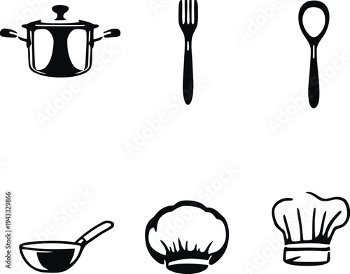 Collection of kitchen utensils and chef attire in silhouette, including pots, pans, forks, spoons, and chef hats, for culinary and cooking themes