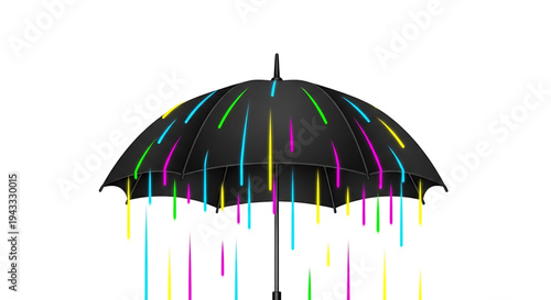Vibrant abstract rain of colorful neon streaks falling from an open black umbrella symbolizing protection from digital or creative downpour isolated on a clean white background