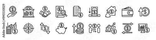 Collection of line art icons representing financial concepts, including money, investments, banking, and economic growth, business growth and analysis