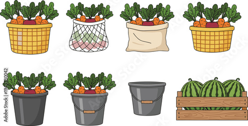 Fresh Harvest Set With Carrots And Radishes In Baskets Sacks And Buckets Plus Watermelons In Wooden Crate Vector Illustration.