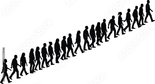 Crowd of people silhouettes walking in a long diagonal line representing progress, social movement, community growth, queue, migration, and teamwork.