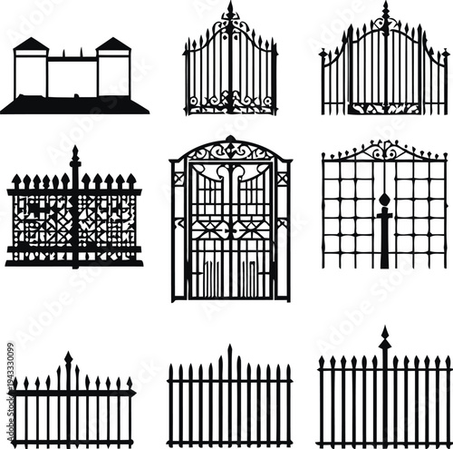 Collection of ornate wrought iron gates and fences, architectural elements, decorative barriers, garden fences, and decorative archways, black silhouette vector illustration set