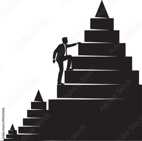 Ambitious Businessman Ascending a Challenging Staircase Towards Success and Growth in a Corporate Journey
