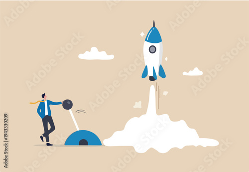 Start your own business, launch success rocket or entrepreneur, startup project or boost company growth, invention concept, ambitious businessman entrepreneur push switch to launch rocket into sky.