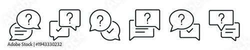 Collection of stylized speech bubbles with question marks and checkmarks, representing communication, questions, and confirmation in an outline vector style.