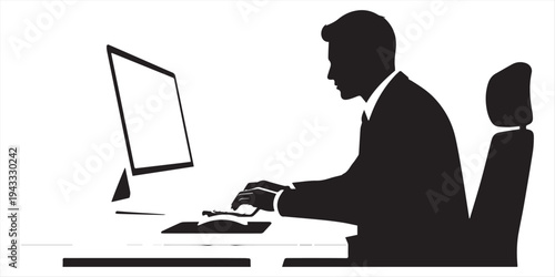 Silhouette of a businessman sitting at a desk in an office, isolated on white background he is working on a computer and wearing a suit