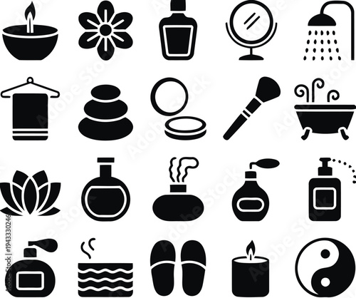 Collection of spa and beauty icons including candles, stones, flowers, perfumes, bathtub, makeup brush, mirror, shower, towel, and yin yang symbol, perfect for wellness websites and health apps.