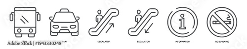 Collection of transportation and public service icons including bus taxi escalator information sign and no smoking symbol for travel and navigation themes