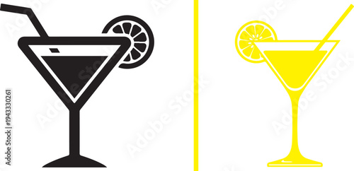 Vector illustration of two martini glasses: a bold black silhouette with a straw and citrus wheel, and a vibrant yellow version with similar details, separated by a vertical yellow line.