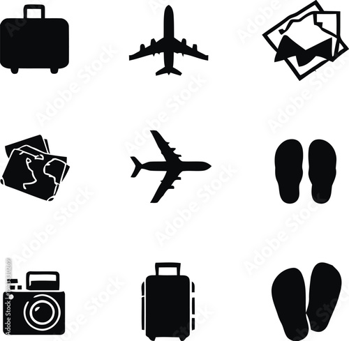 Collection of travel and vacation related icons including suitcase airplane map camera and flip flops for summer holiday or business trip vector graphics