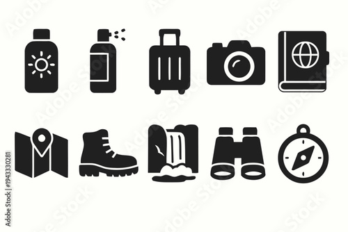 Collection of travel icons including sunscreen, spray bottle, suitcase, camera, passport, map, hiking boot, waterfall, binoculars, and compass for vacation adventures and exploration