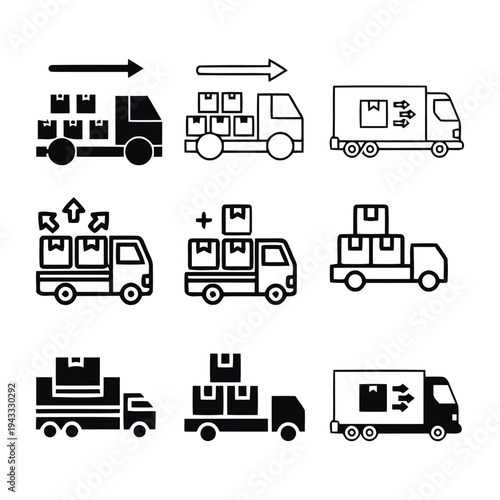 Collection of vector icons representing trucks with cargo, logistics and delivery services, symbolizing shipping and transport operations for businesses and supply chain management