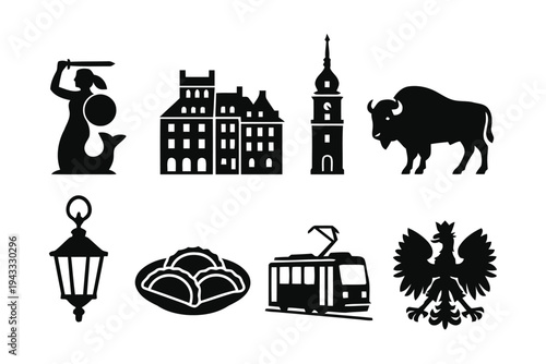 Collection of vector silhouette icons representing Polish landmarks food and symbols including mermaid statue old buildings bison tram pierogi and national eagle