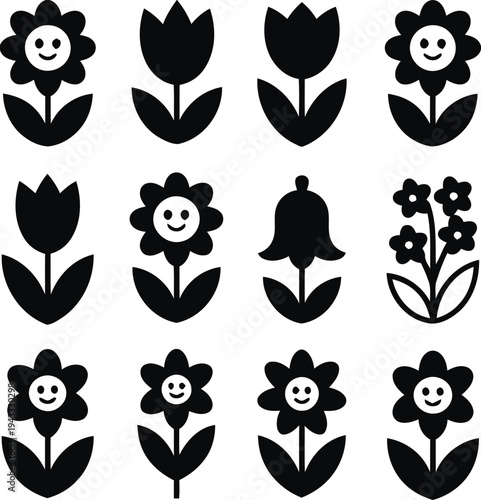 Collection of stylized flower icons and symbols in black and white simple design