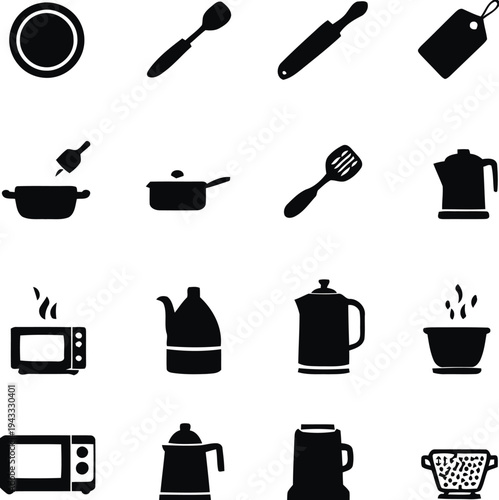 Cooking and kitchenware icons set featuring plates utensils pots pans microwave kettles and colander, essential for food preparation and serving