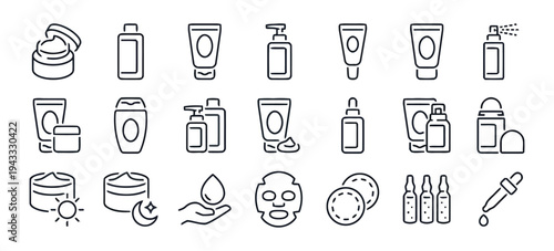 Cosmetic packaging icons featuring bottles tubes and jars for skin care product presentations and beauty brand identity design elements isolated on white background in minimalist black line style
