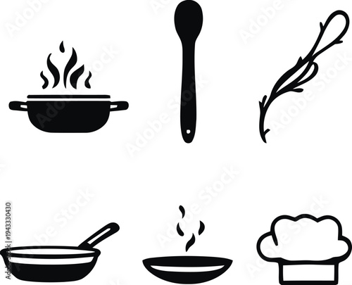 Cooking and culinary icons with chef hat, utensils, herbs, and steam for food preparation themes