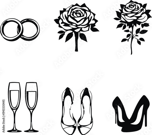 Couple of champagne glasses clinking with celebratory bubbles and wedding rings on finger, accompanied by floral rose arrangement and elegant stiletto heels