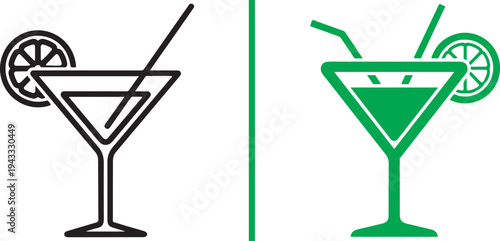 Vector icons of two martini glasses: a minimalist black outline version and a bold red outline version, both featuring citrus garnishes and straws, separated by a vertical red line.