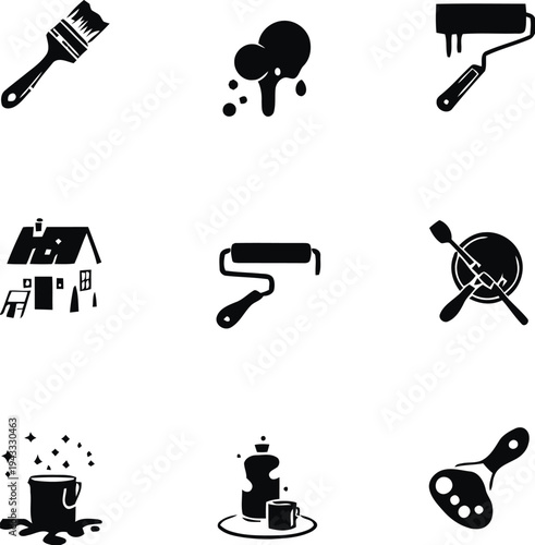 Creative set of painting and home renovation icons including paint brushes rollers house and cleaning supplies vector illustration for art and DIY projects