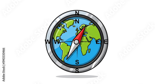 Round compass with a detailed world map design on its face featuring a vibrant red and white needle pointing towards north symbolizing global navigation exploration and direction