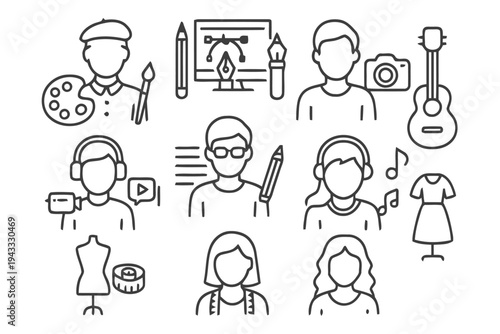 Creative professions icons portraying artists, designers, musicians, photographers, and fashion designers with their tools and equipment